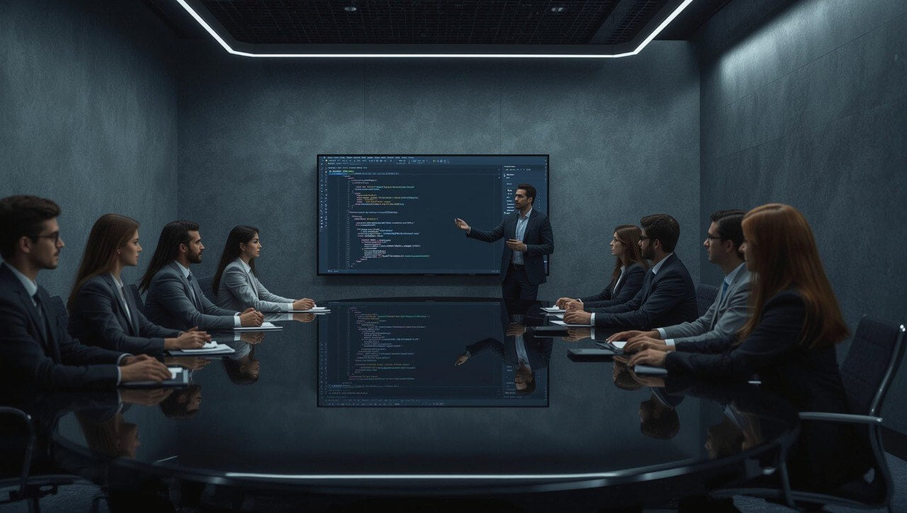 Group of professionals in a conference room with a presenter showing PHP code on a screen.