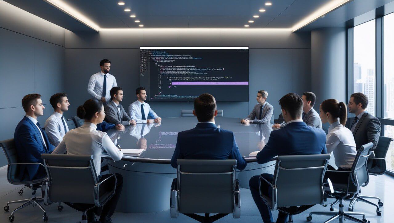 Modern conference room with a large round table and chairs and people who learn PHP, featuring a screen displaying PHP code.