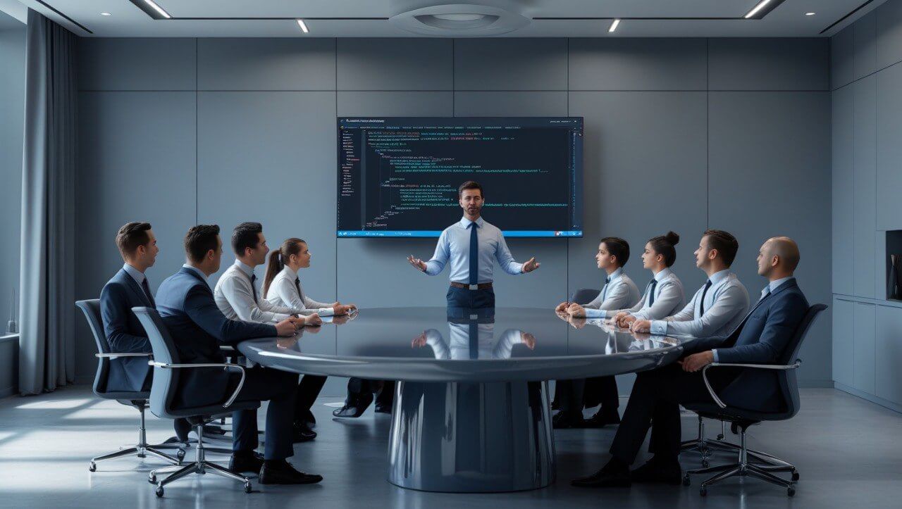 Modern conference room with a large round table and chairs and people who learn PHP, featuring a screen displaying PHP code.