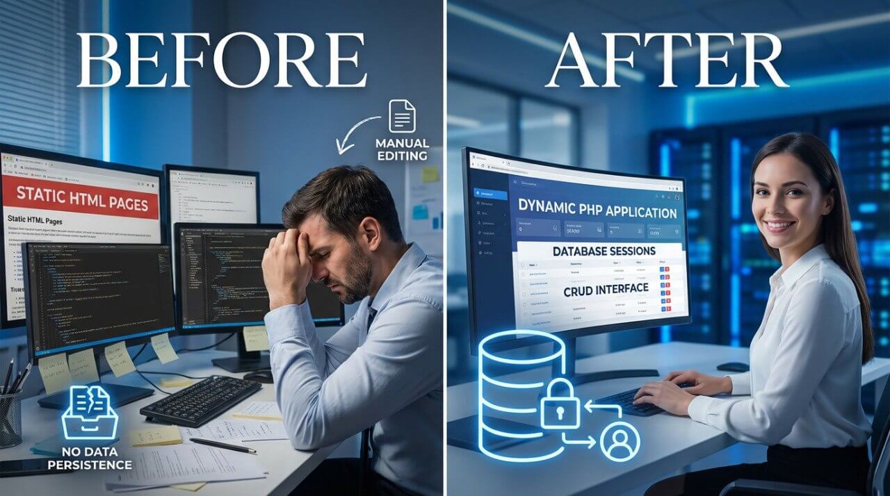 Before and after comparison of a developer working on static HTML pages vs dynamic PHP application.