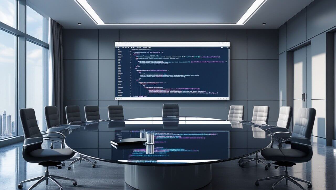 Modern conference room with a large round table and chairs, featuring a screen displaying PHP code.