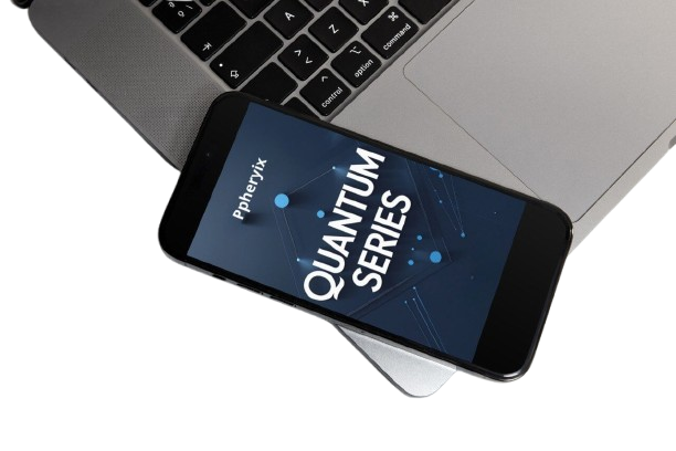 Icon smartphone displaying 'Ppheryix Quantum Series' on a laptop keyboard