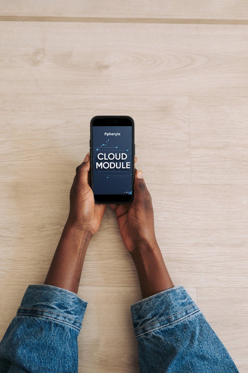 Person holding a smartphone with 'Cloud Module' on the screen against a wooden surface