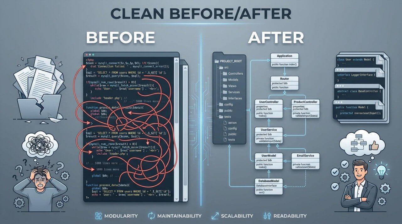 Diagram showing a before-and-after comparison of code readability and maintainability.