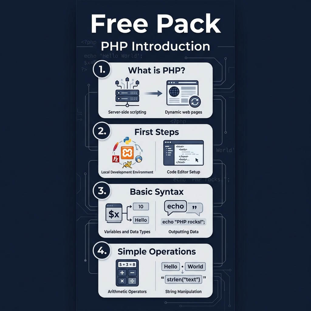Free pack PHP introduction with icons and text on a dark background