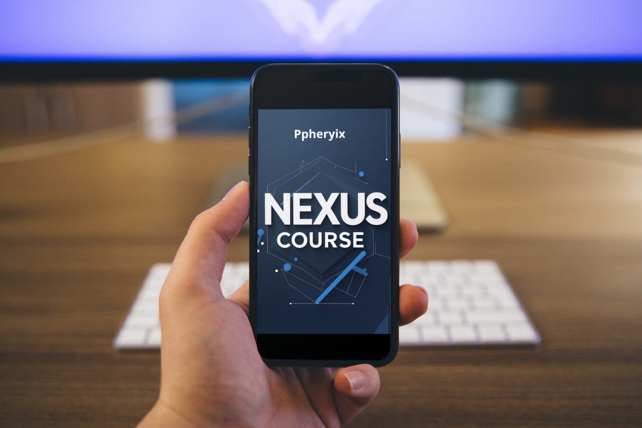Hand holding a smartphone with 'Nexus Course' app displayed, in front of a computer setup.