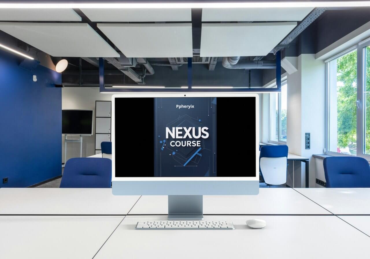 Computer monitor displaying 'Nexus Course' on a desk in a modern office setting.