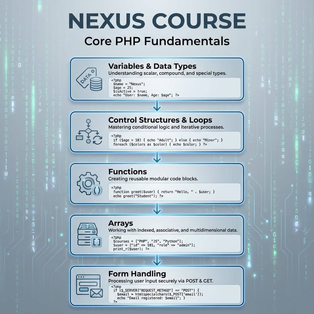 Nexus Course outline for Core PHP Fundamentals with technical diagrams on a digital background.