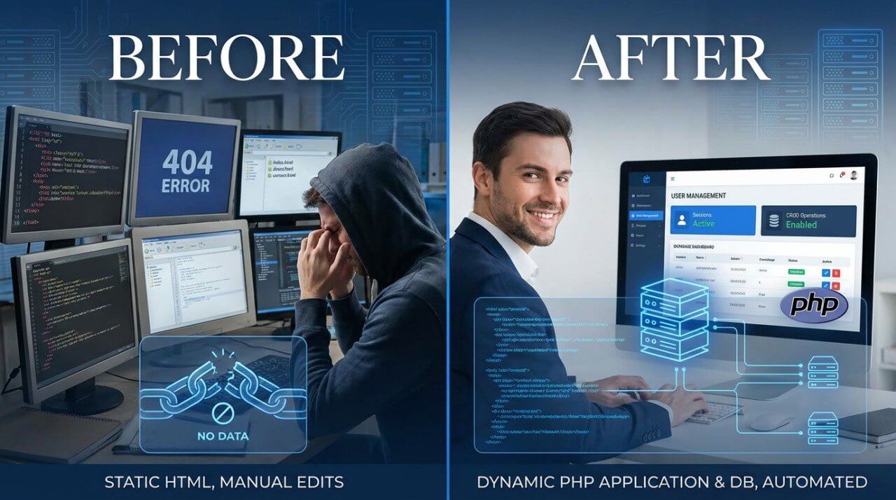 Before and after comparison of a developer with technical issues and a successful dynamic PHP application.