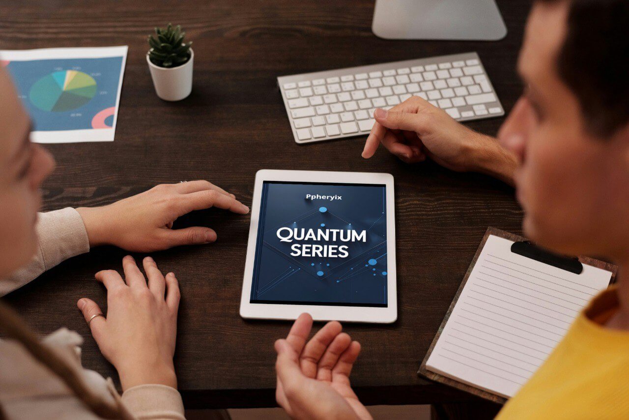Two people interacting with a tablet displaying 'Quantum Series' on a desk with a keyboard and plant.