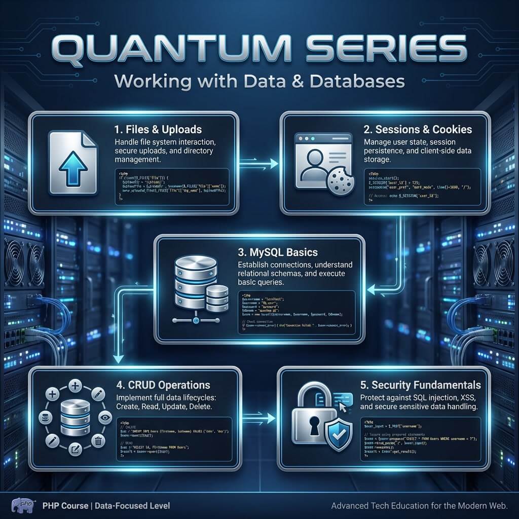 Quantum Series course outline for working with data and databases on a futuristic server background.
