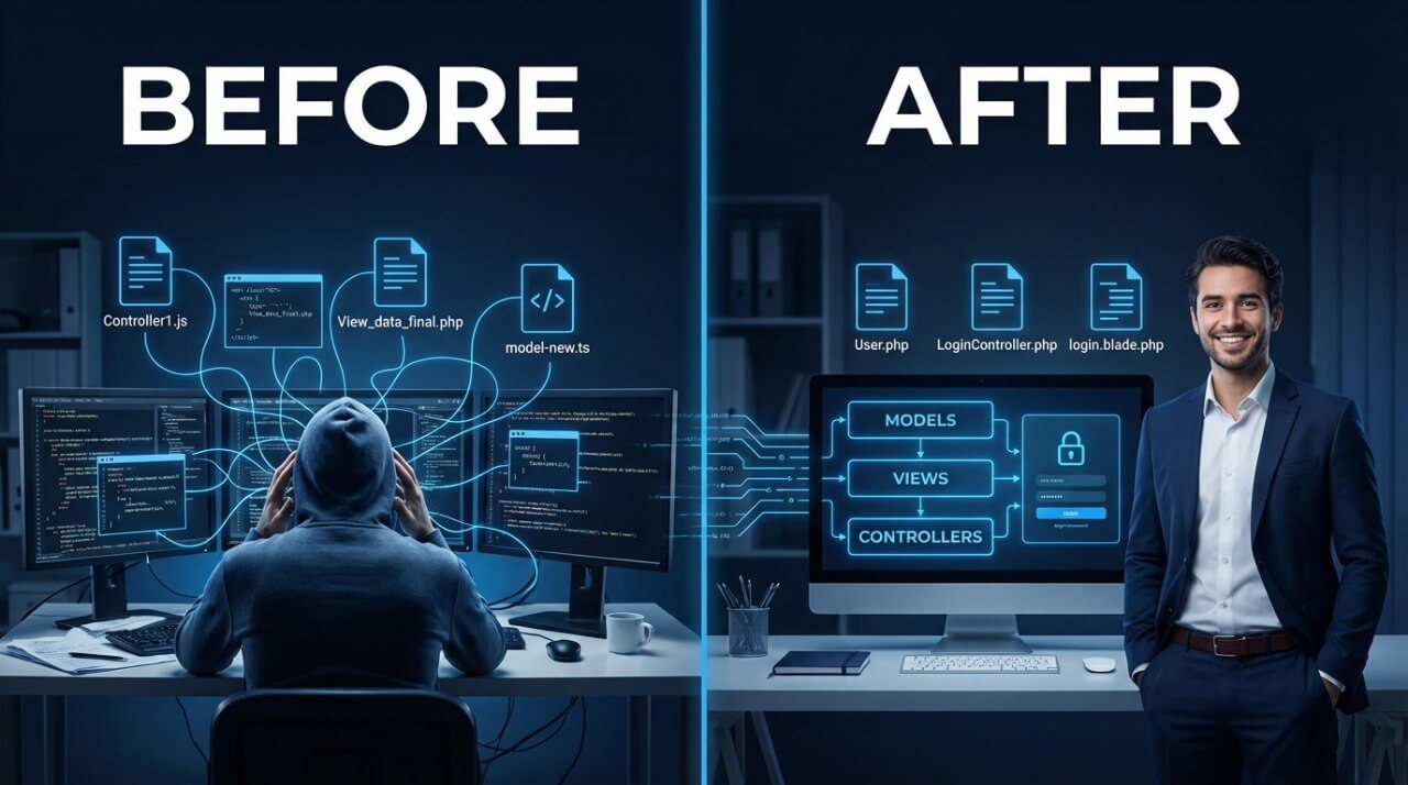 Before and after comparison of a developer working on PHP code versus a professional in an office setting.