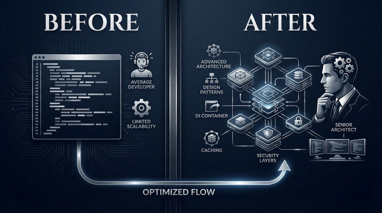 Comparison of a developer's workflow before and after optimization, with icons and text on a dark background.