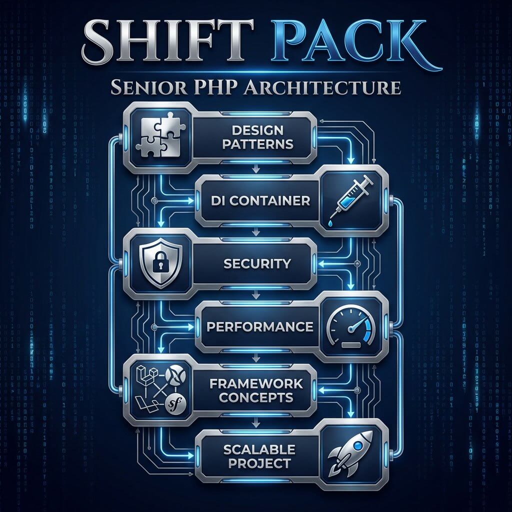 Shift Pack Senior PHP Architecture with various components on a dark blue background