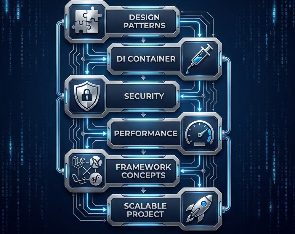 Diagram of software development best practices on a dark blue background with digital elements.