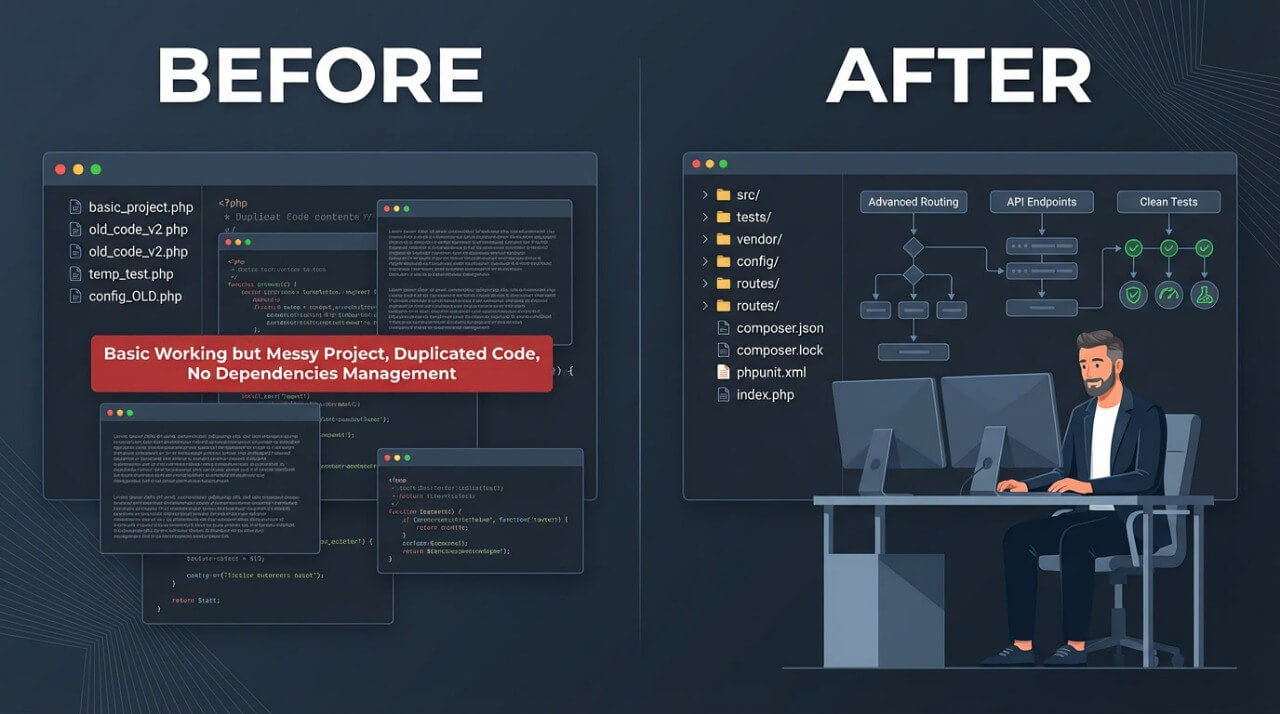 Before and after comparison of a project setup with code and a person working on computers.