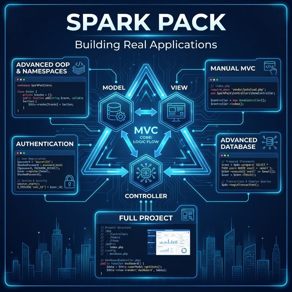 Diagram of MVC architecture with Spark Pack branding on a dark blue background.