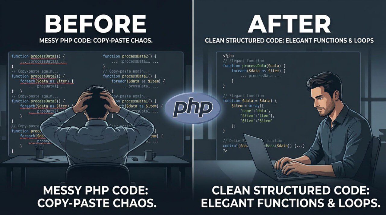 Before and after comparison of messy PHP code and clean structured code with a person using a laptop.