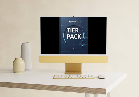 Computer monitor displaying 'Ppheryx Tier Pack' on a desk with a vase and mouse.