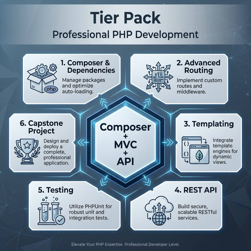 Professional PHP Development "Tier Pack" with steps and icons on a dark blue background